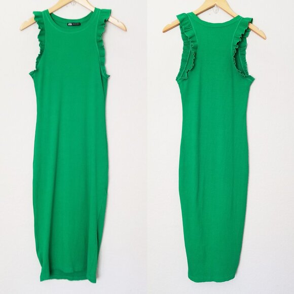 Zara Frill Ruffle Ribbed Knit Midi Dress Bodycon Kelly Green Size S  0962/629 - Picture 5 of 13